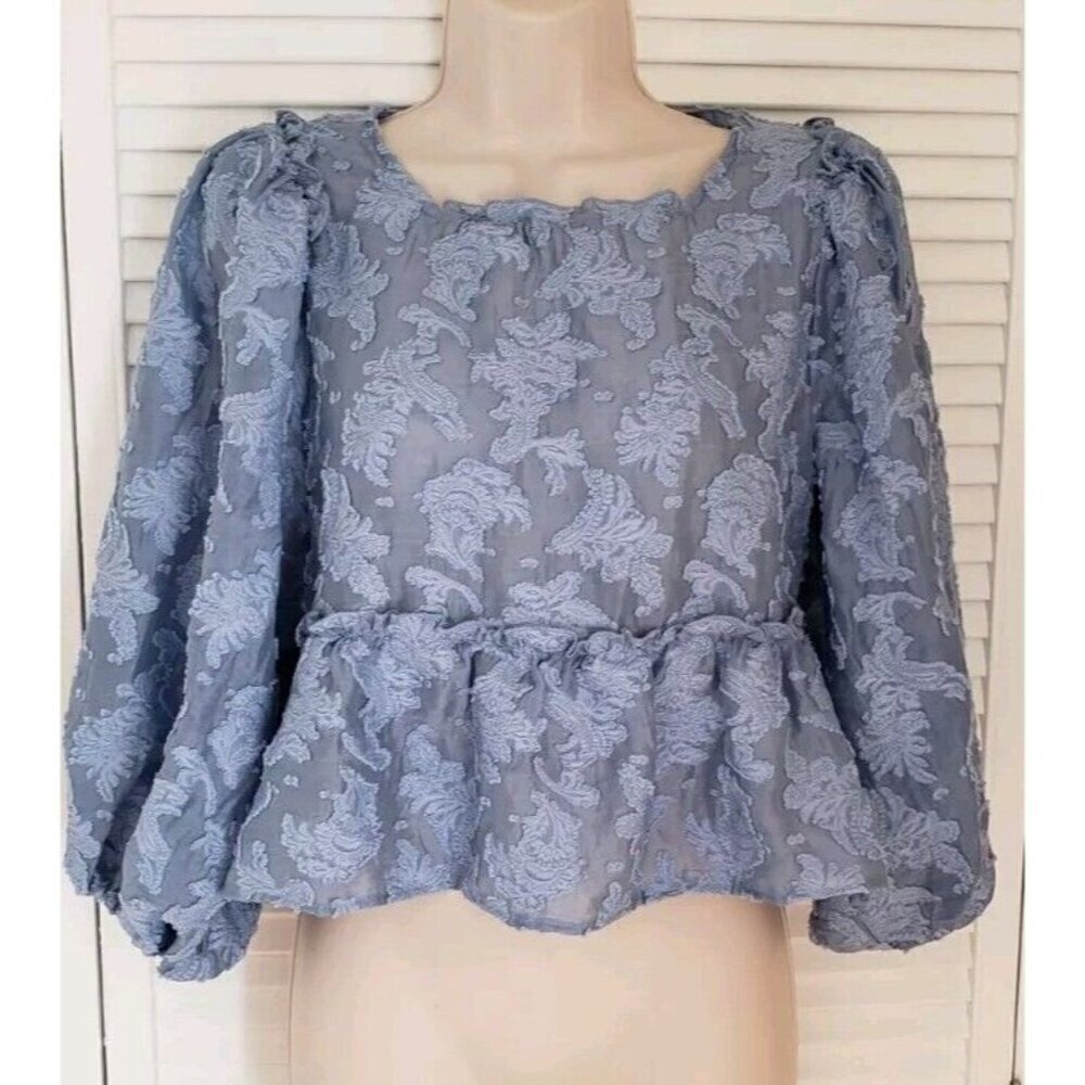 NWT FREE PEOPLE BLUE BURNOUT FLOWER PEPLUM PUFF SLEEVE TIED BACK TOP XSMALL